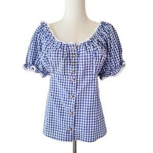 OS Trachten Blue Gingham Milkmaid Blouse Cottagecore Dirndl Top Lace XXL